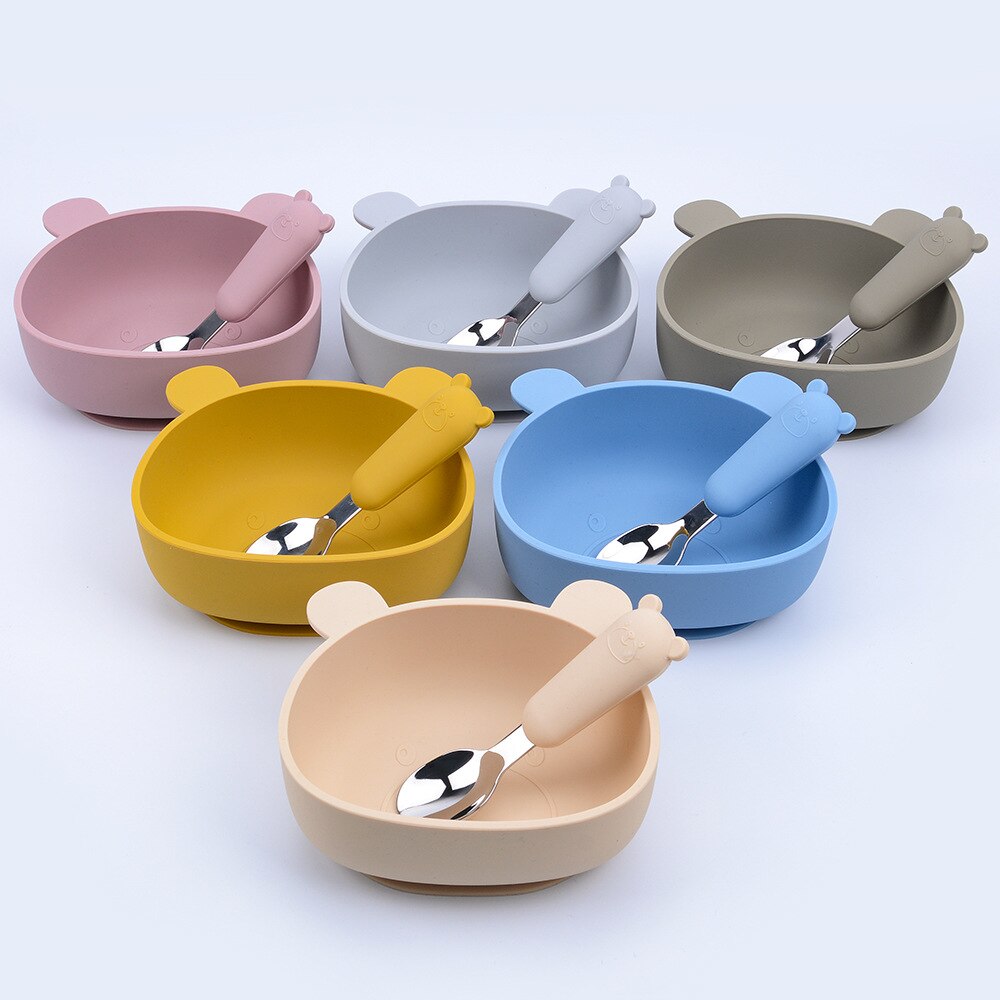 Silicone Baby Feeding Bowl Bear Tableware Waterproof Spoon Non-Slip Crockery BPA Free Silicone Dishes for Baby Bowl Baby Plate