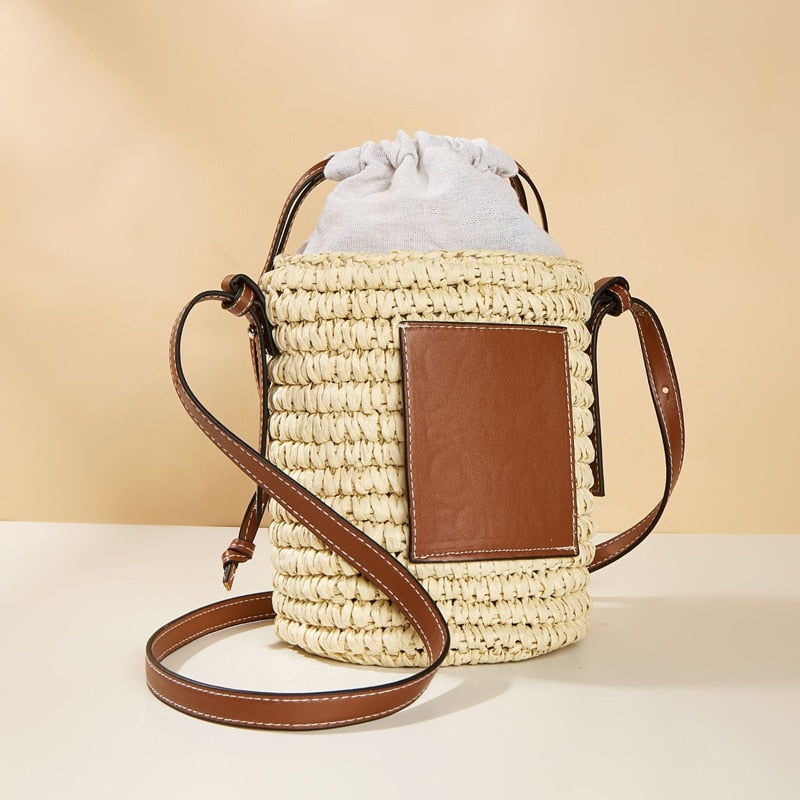 Summer Casual Weave Women's Bag Straw Knitting Shoulder Bag Beach Vacation Woven Crossbody Bags Fashion Lady Small Bucket Bag