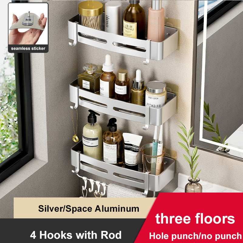 Bathroom Shelf No Drill Wall Mounted Shampoo Bottle Shower Corner Rack Toilet Storage Rack Aluminum Bathroom Kitchen Accessories