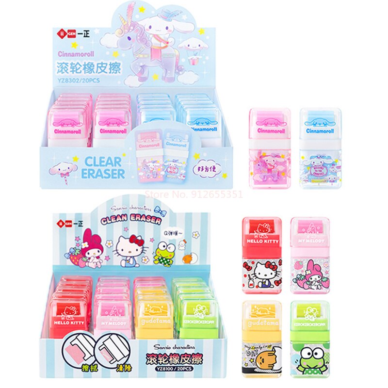 20pcs Sanrio Portable Roller Rubber Eraser Hello Kitty Melody Cinnamoroll Cute Erasers Kids School Supplies Stationery Wholesale