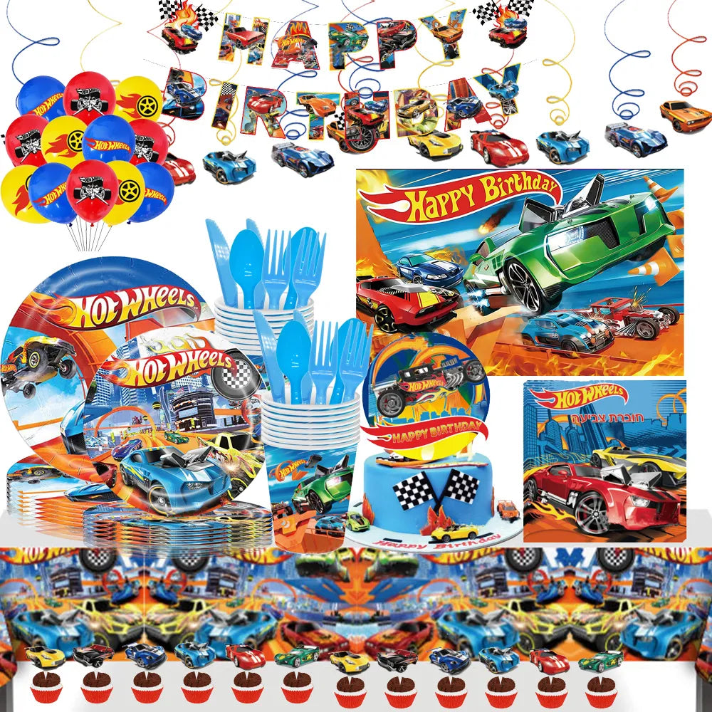 Hot Wheels Party Disposable Tableware Balloon Cup Plates Tablecloth Background Birthday Party Decor Baby Shower Party Supplies