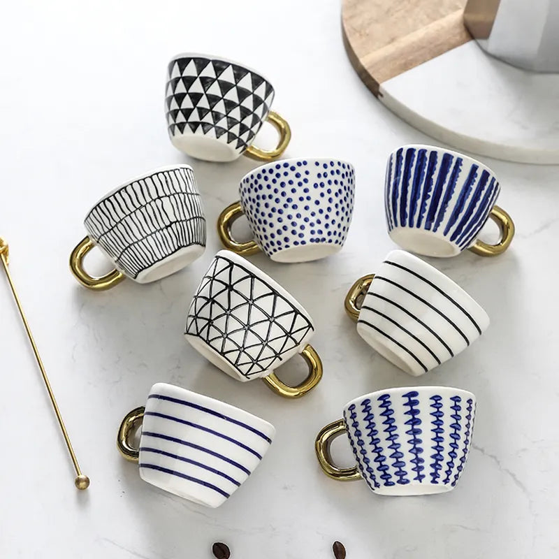 75ml Mini Hand Painted Espresso Cups With Gold Handle Ceramic Handmade Creative Latte Coffee Tea Mugs Irregular Home Drinkware