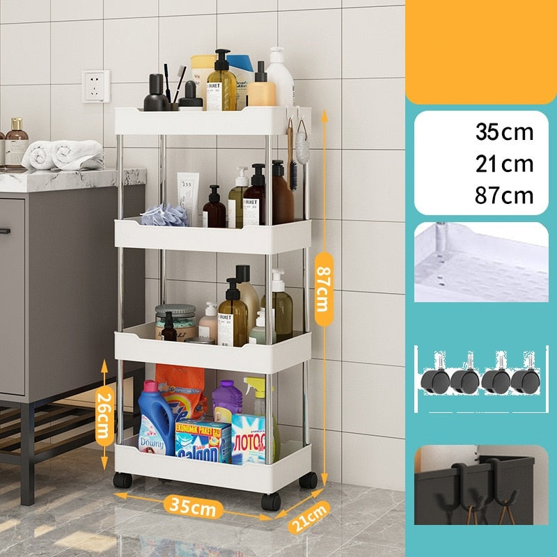 3/4Tier Durable Rolling Trolley Multi-storey Cart Storage Shelf Movable Gap Storage Rack Kitchen Bathroom Slim Slide Organizer