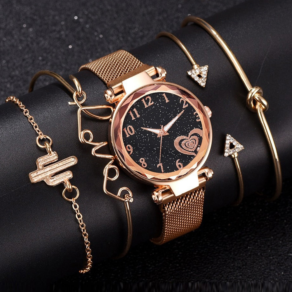 5PCS Watch Set Luxury Magnet Buckle Women Watches Dropshipping Bracelet Ladies Quartz Wrist Watch Female Clock Gift Reloj Mujer