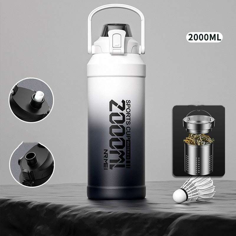 2L Water Bottle Thermos Bottle with Removable Straw, Protable Stainless Steel Water Bottle with Carry Handle for Gym