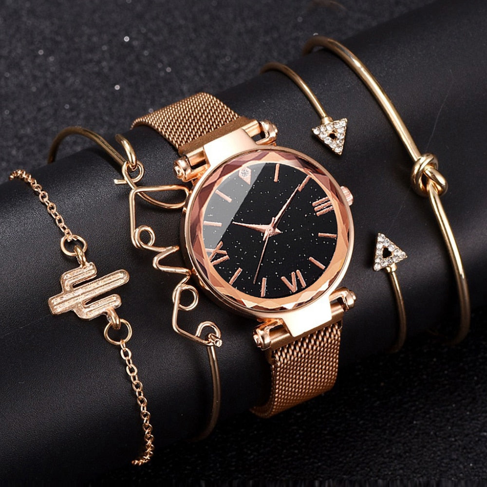 5PCS Watch Set Luxury Magnet Buckle Women Watches Dropshipping Bracelet Ladies Quartz Wrist Watch Female Clock Gift Reloj Mujer