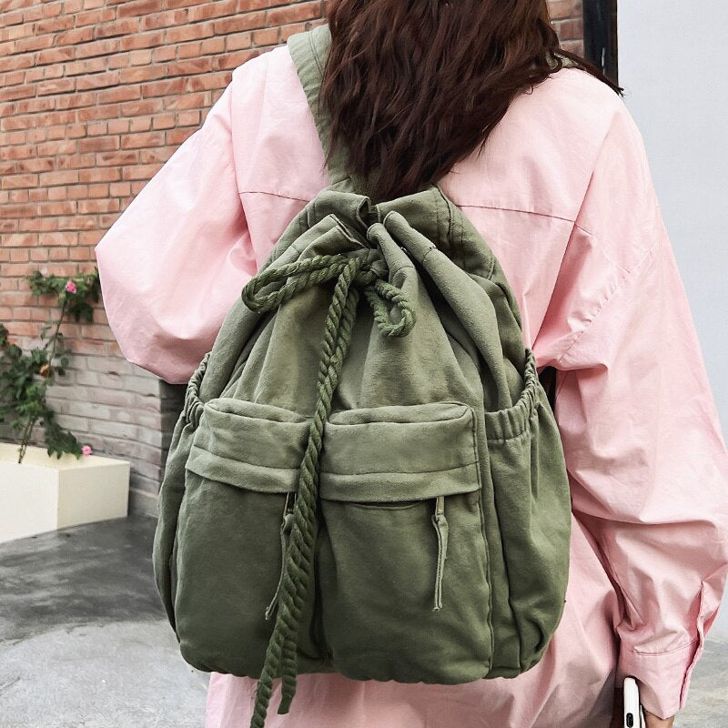 Ladies Canvas Vintage Girl Leisure Drawstring Book Bag Female Brown Laptop College Backpack Women Travel School Bag Fashion Cool