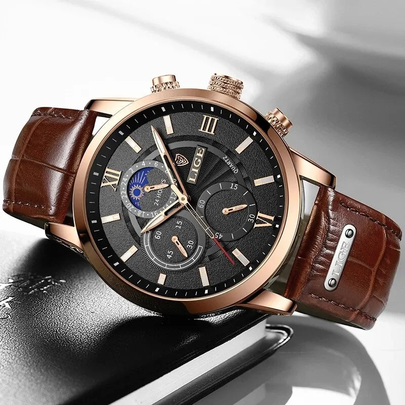 2023 New Mens Watches Top Brand Luxury Brown Leather Casual Quartz Watch Men Sport Waterproof Clock Watch Relogio Masculino