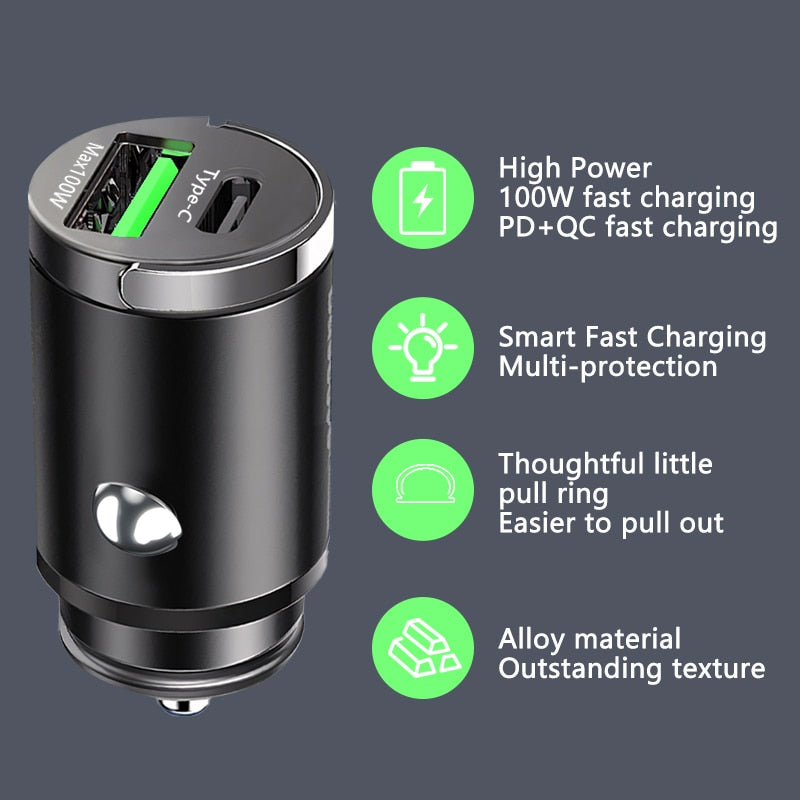 100W mini car charger, fast charging lighter for phone