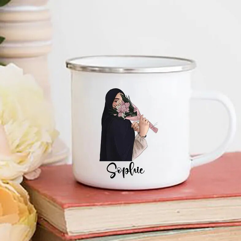 Personalised Hijabi Girl Printed Mug Coffee Cups Drinks Water Cup Muslim Girls Custom Name Enamel Handle Mugs Handle Eid Gifts