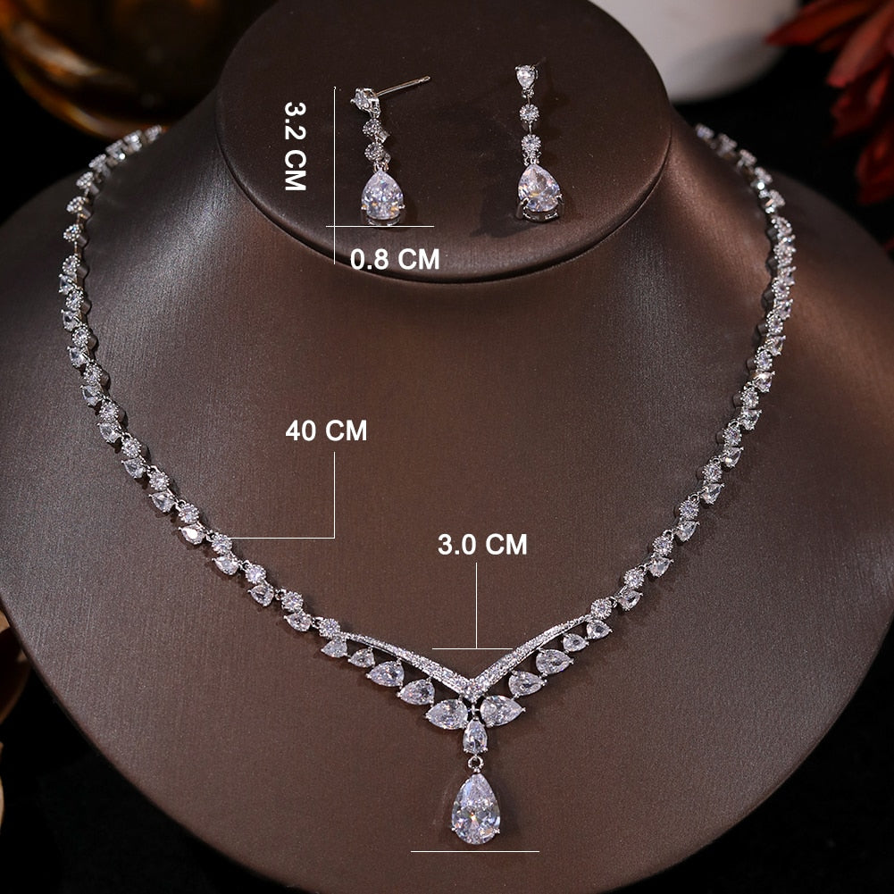 Fashion CZ White Clear Earrings Necklace For Women European Bridal 2pcs Jewelry Sets Party Wedding Accessories Girlfriend Gifts