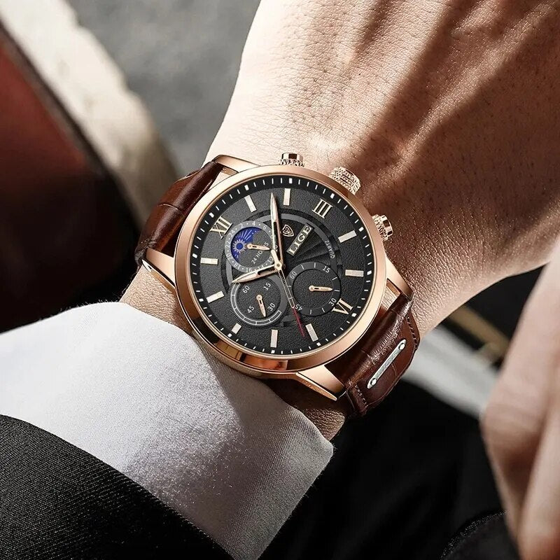 2023 New Mens Watches Top Brand Luxury Brown Leather Casual Quartz Watch Men Sport Waterproof Clock Watch Relogio Masculino