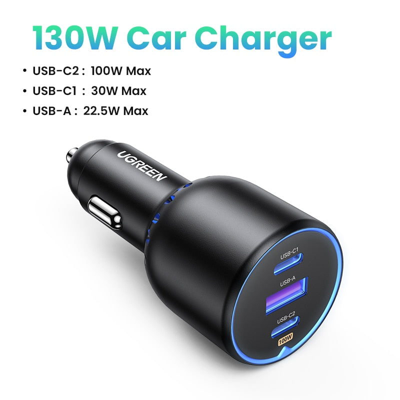 UGREEN 130W USB C Car Charger For Xiaomi iPhone 14 13 Pro Laptops Tabet PD3.0 Quick Charger Fast Charging USB Type C Car Charger