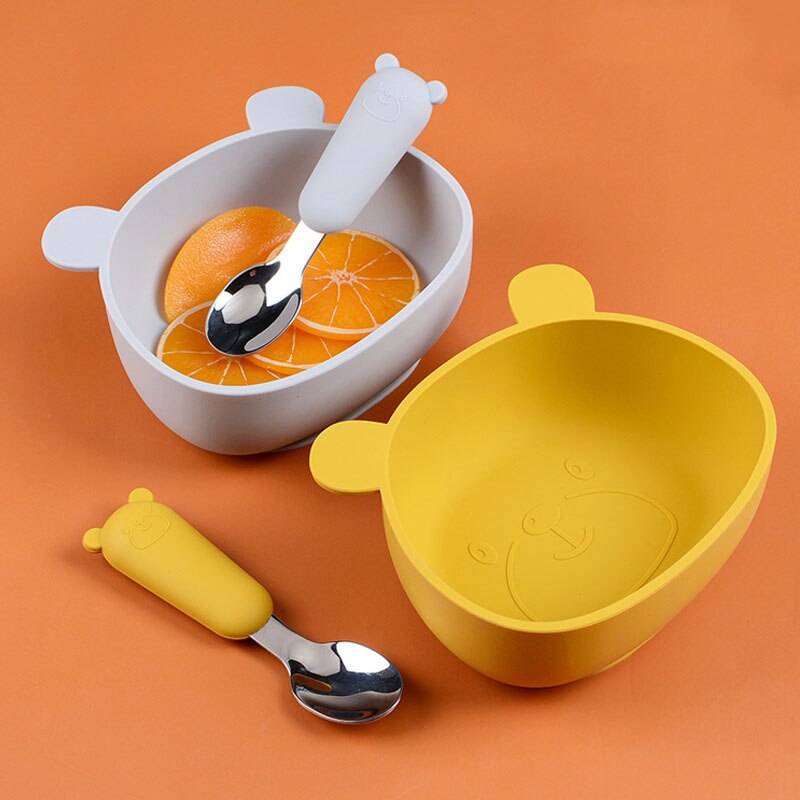 Children's Dishes Baby Silicone Sucker Bowl Baby Bear Face Plate Tableware Set Smile Face Baby Tableware Set Retro Kids Plate