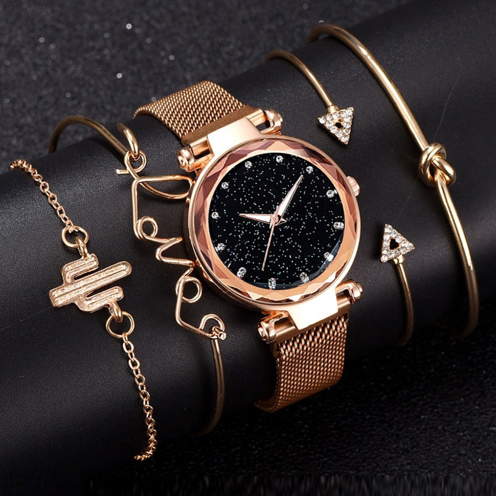 5PCS Watch Set Luxury Magnet Buckle Women Watches Dropshipping Bracelet Ladies Quartz Wrist Watch Female Clock Gift Reloj Mujer