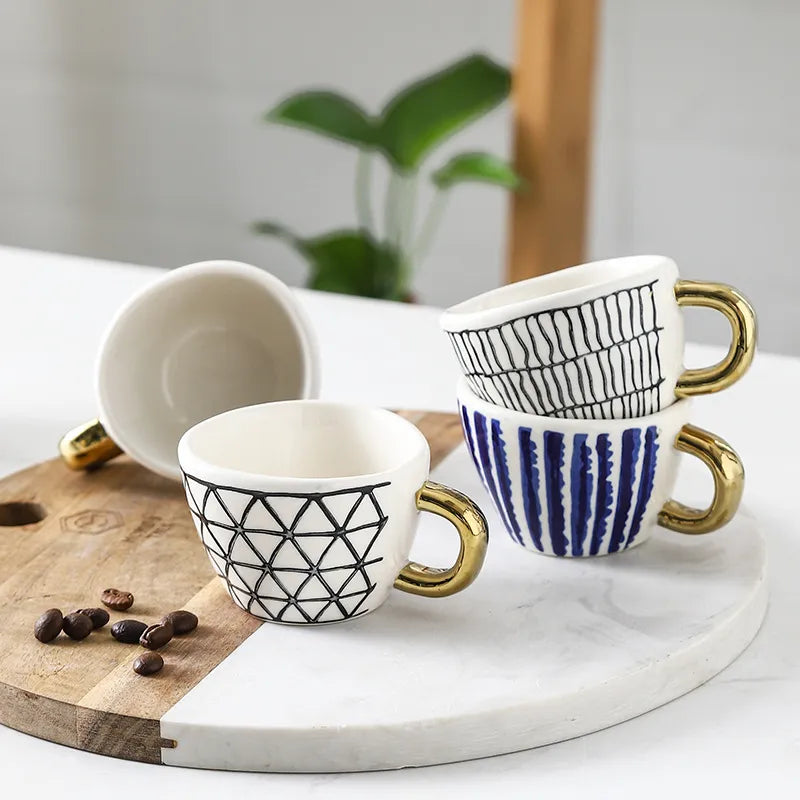 75ml Mini Hand Painted Espresso Cups With Gold Handle Ceramic Handmade Creative Latte Coffee Tea Mugs Irregular Home Drinkware