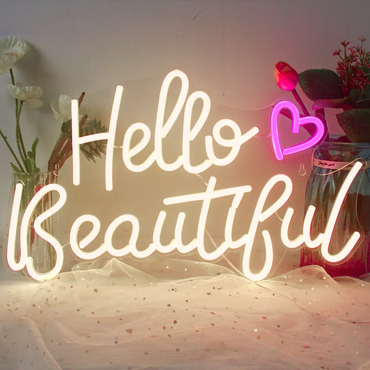 Ineonlife Hello Beautiful LED Light Made Neon Sign Bedroom House Wedding Bar Party Festival Room Wall Decor Valentines Day Gift