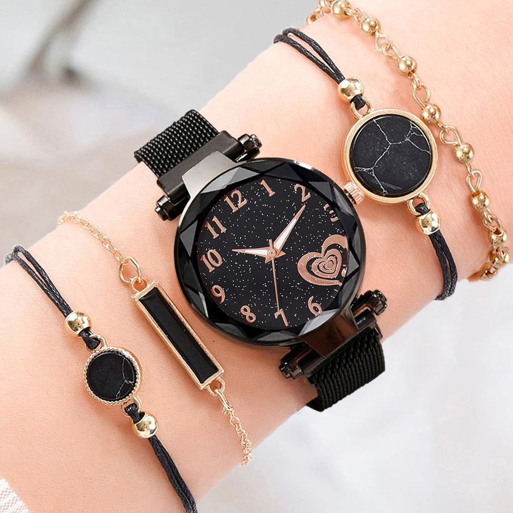 5PCS Watch Set Luxury Magnet Buckle Women Watches Dropshipping Bracelet Ladies Quartz Wrist Watch Female Clock Gift Reloj Mujer