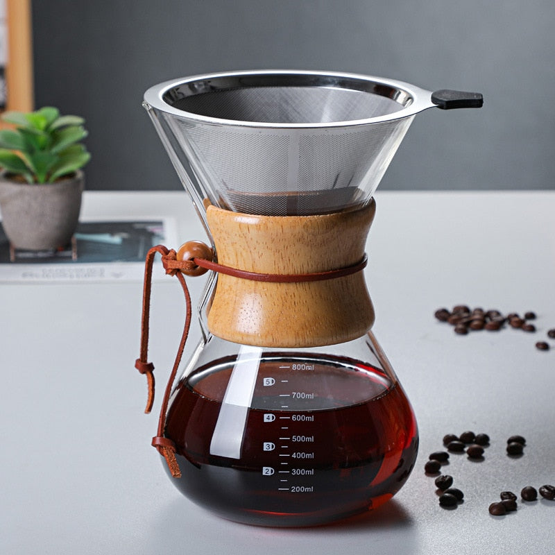 Glass Coffee Kettle with Stainless Steel Filter Drip Brewing Hot Brewer Coffee Pot Dripper Barista Pour Over Coffee Maker 400ml