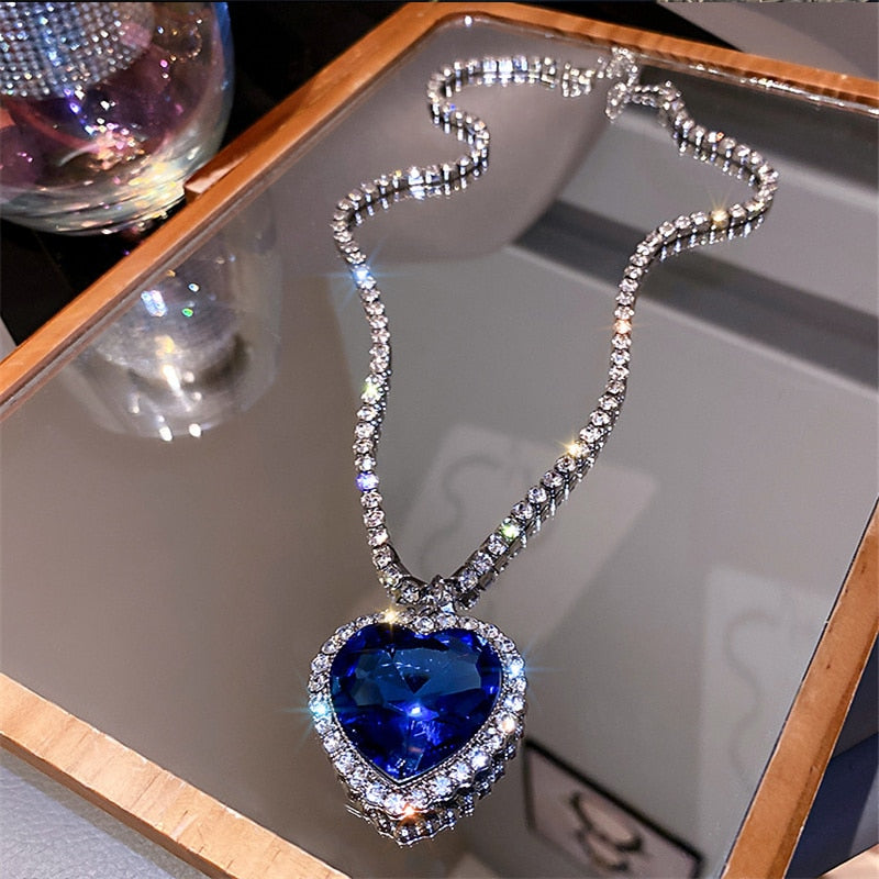 FYUAN Blue Heart Crystal Necklaces for Women Long Chain Pendant Necklaces Statement Jewelry