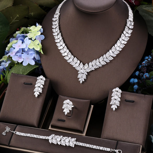 Janekelly 4pcs Bridal Zirconia Full Jewelry Sets For Women Party, Luxury Dubai Nigeria CZ Crystal Wedding Jewelry Sets