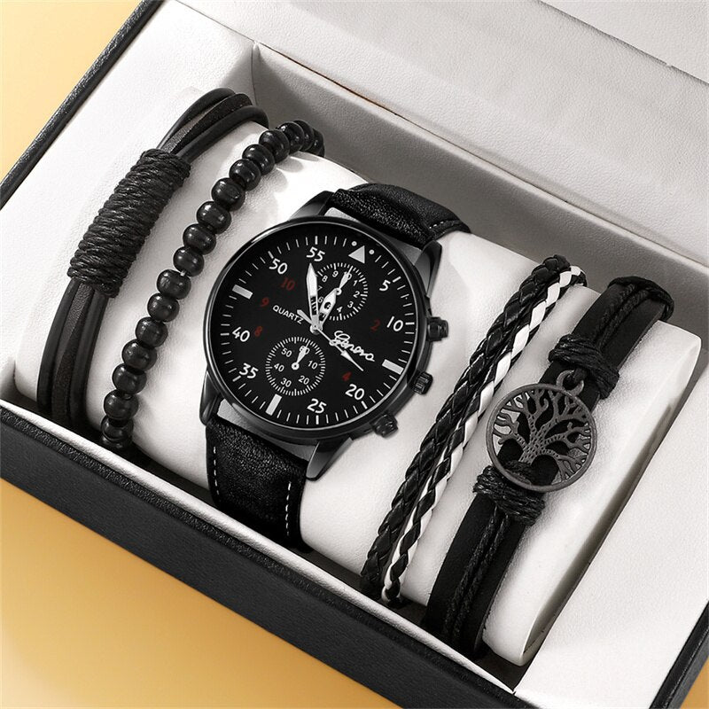 5PCS Set Fashion Mens Sports Watches Man Business Quartz Wristwatch Luxury Leather Bracelet Men Casual Clock Watch