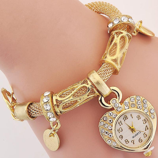 2023 Cute Golden Silver Heart Bracelet Watch INS Style Girl Women Heart Steel Band Bracelet Lover Watch Gift for Girlfriend