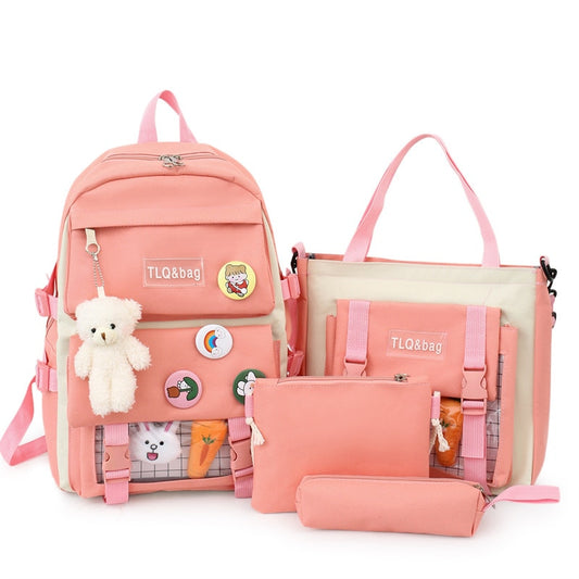 TRAVEASY 2023 New 4 Pcs Sets Women High School Bags Nylon Kawaii Women Backpack Fashion Book Bags Female with Plush Pendant Cute