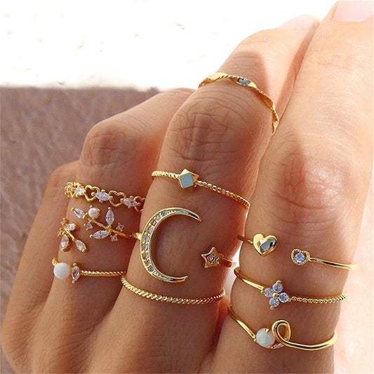 The stunning set of 10 rings is a touch of bohemian flair and modern styles