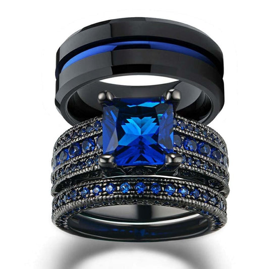 Charm Couple Rings Romantic Blue Rhinestones Women Rings Set Trendy Men's Stainless Steel Ring Fashion Jewelry For Lover Gifts