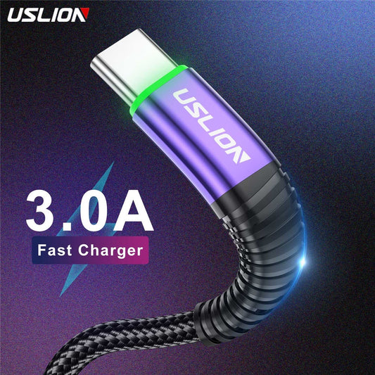 USLION LED 3A Type C Cable Micro USB Fast Charging Cord Wire For Samsung S23 Xiaomi Mobile Phone Charge USB Type C Charge Cables