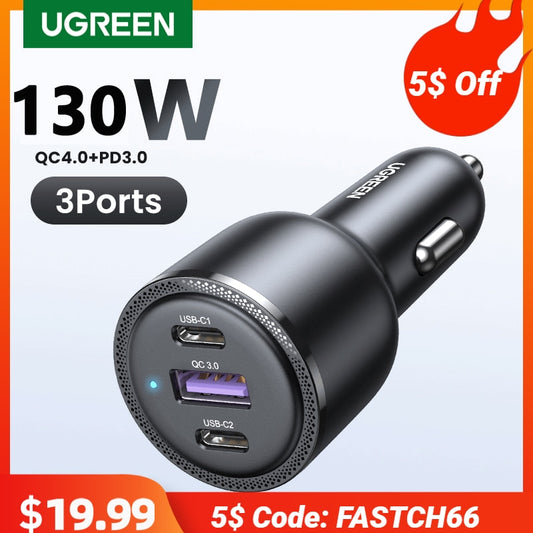 UGREEN 130W USB C Car Charger For Xiaomi iPhone 14 13 Pro Laptops Tabet PD3.0 Quick Charger Fast Charging USB Type C Car Charger