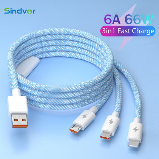 6A 66W 3 In 1 Super Charging Cable For Huawei iPhone Samsung Micro USB Type-C Fast Charger Accessories USB Type-C Data Cable