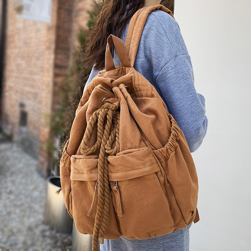 Ladies Canvas Vintage Girl Leisure Drawstring Book Bag Female Brown Laptop College Backpack Women Travel School Bag Fashion Cool