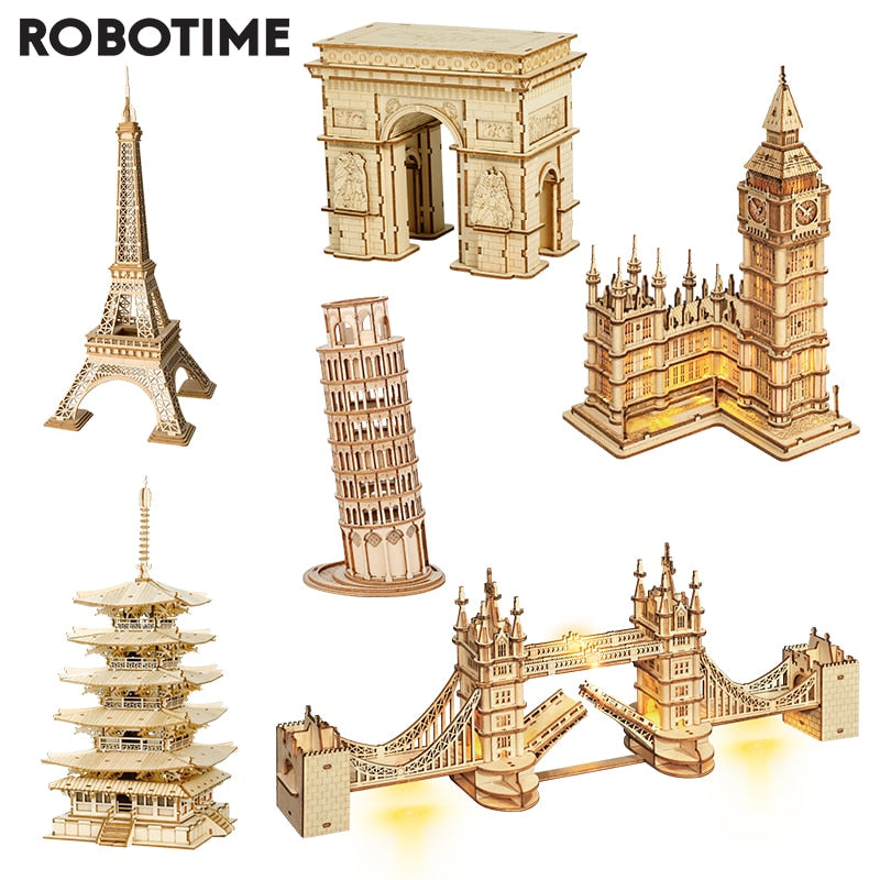 Robotime 3D Wooden Puzzle Game Big Ben Tower Bridge Pagoda Building Model Toys For Children Kids Birthday Gift